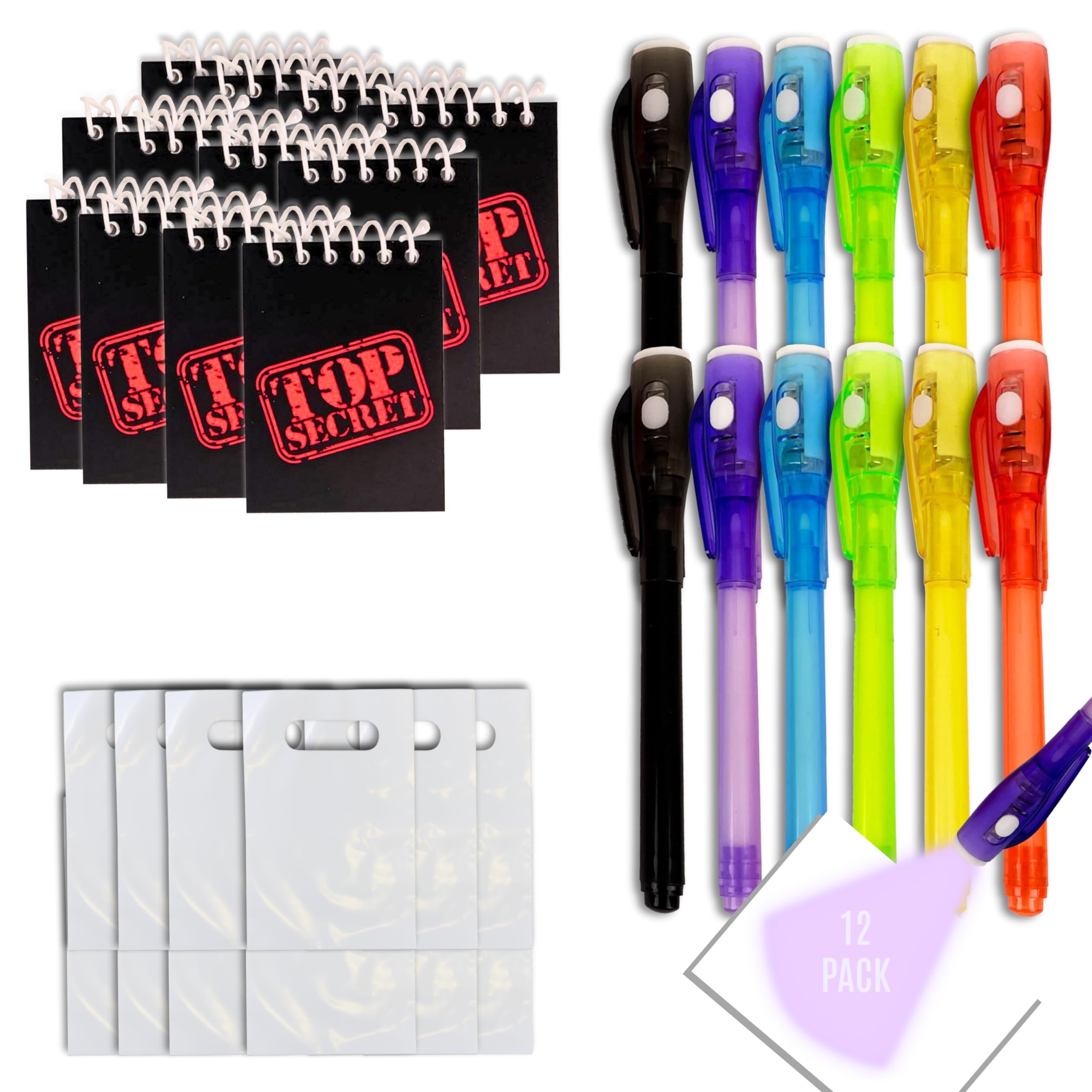 4E's Novelty 12 Invisible Ink Pen with UV Light, 12 Mini Top Secret Notebook and