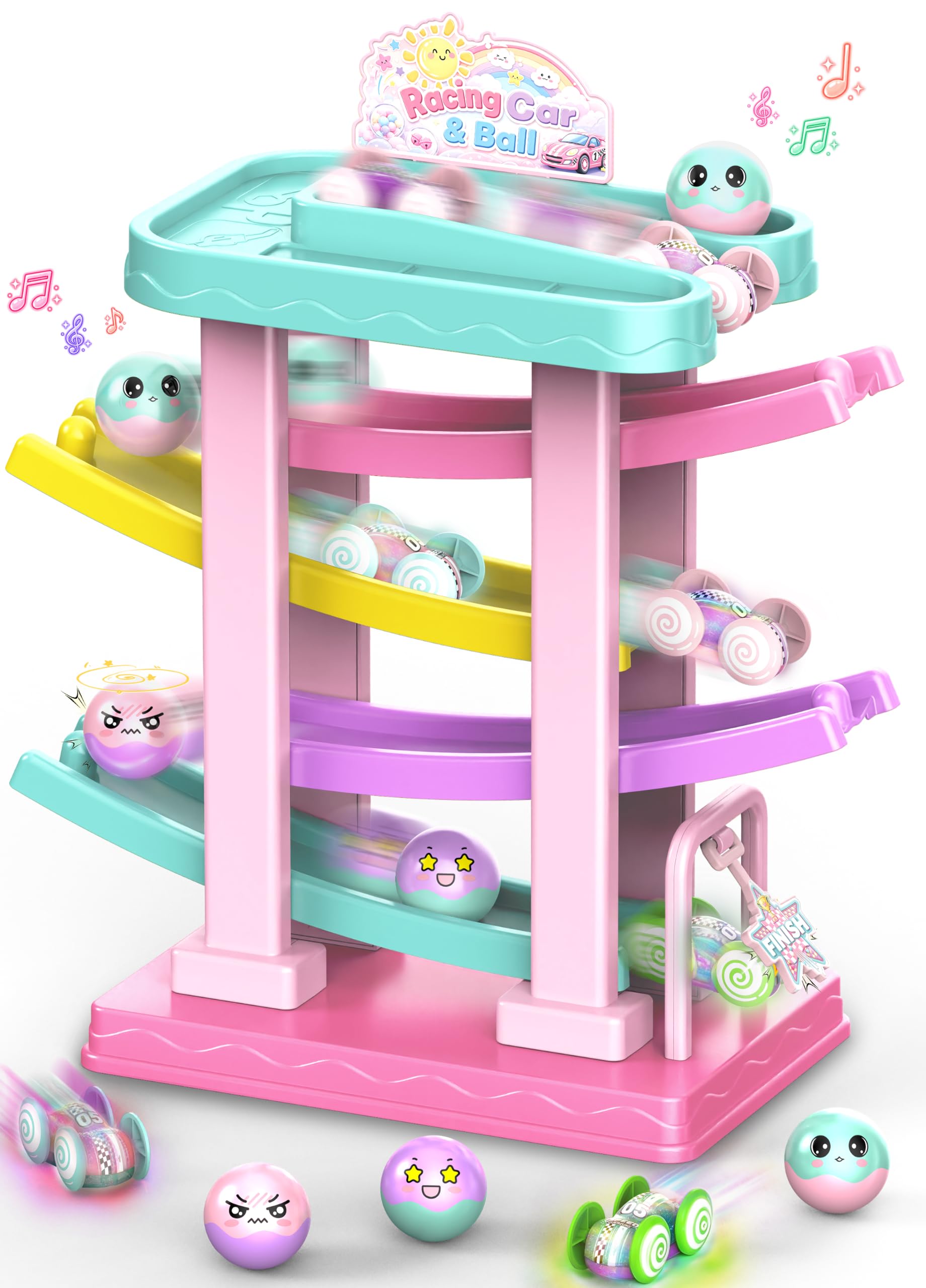 2-in-1 Car Ramp & Ball Drop Toy with 3 Sound Balls for Toddlers Ages 1-3 | Race,