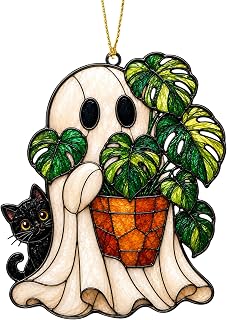 Sansoldia Halloween Ghost Monstera Ornaments, Flat Acrylic Decor, 3.94 Inch | Halloween Ornaments for Tree, Halloween Gifts for Women. Flat Acrylic Ghost Monstera Cat Decor for Car and Home