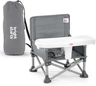 Bright Starts Pop ‘N Sit Portable Booster Seat, 3-in-1 Floor Seat, Travel High Chair &amp; Toddler Booster with Feeding Tray, Indoor/Outdoor, Grey, 6 Months–3 Years