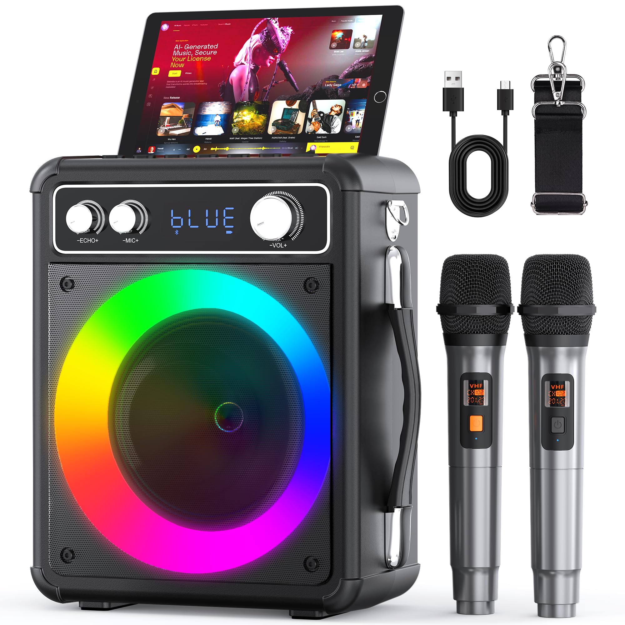 Ankuka Karaoke Machine, Portable Bluetooth Speaker with 2 Wireless Microphones, 