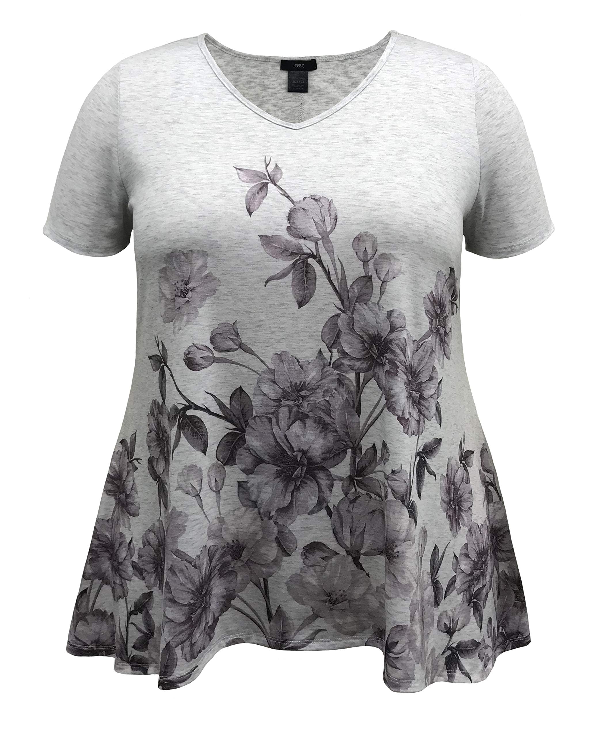 LEEBE Women and Plus Size Short Sleeve High-Low Hem Tunic Print Top (Small-5X)