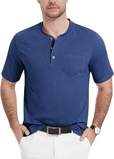 MAGCOMSEN Henley-Hemd für Herren, kurzärmelig, Baumwolle, 3 Knöpfe, Rundhalsausschnitt, T-Shirt mit Tasche, lässig, einfarbig, für den Sommer und den Alltag
