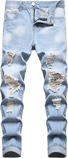 Pantalones vaqueros rasgados para hombre, pantalones de mezclilla de moda con pierna recta desgastada, azul claro 01, 46