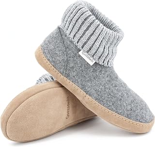 Gottstein Dakota Mulesing-Free Sheep New Wool Slipper - Handmade Wool Felt Slippers for Men and Women Size EU 36-47 - With High Knitted Waistband & Padded Leather Sole