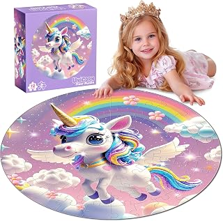 72 Pieces Unicorn Shimmery Jumbo Floor Puzzle for Kids | Large Round Floor Jigsaw Puzzles Birthday Gifts for Boys and Girls 3-5 4-6 Years Old (Unicorn, One Size)