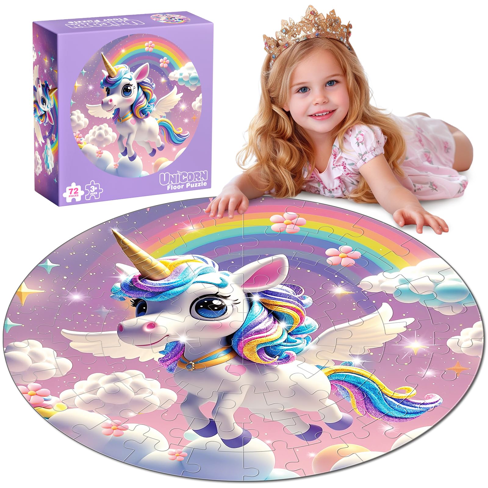 72 Pieces Unicorn Shimmery Jumbo Floor Puzzle for Kids | Large Round Floor Jigsa
