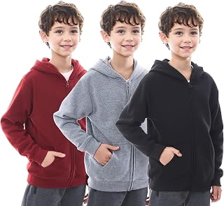 Boys Classic Sweatshirt, 3 Pack Fleece Sweatshirts Long Sleeve Zip Up with Pockets Size 6-20