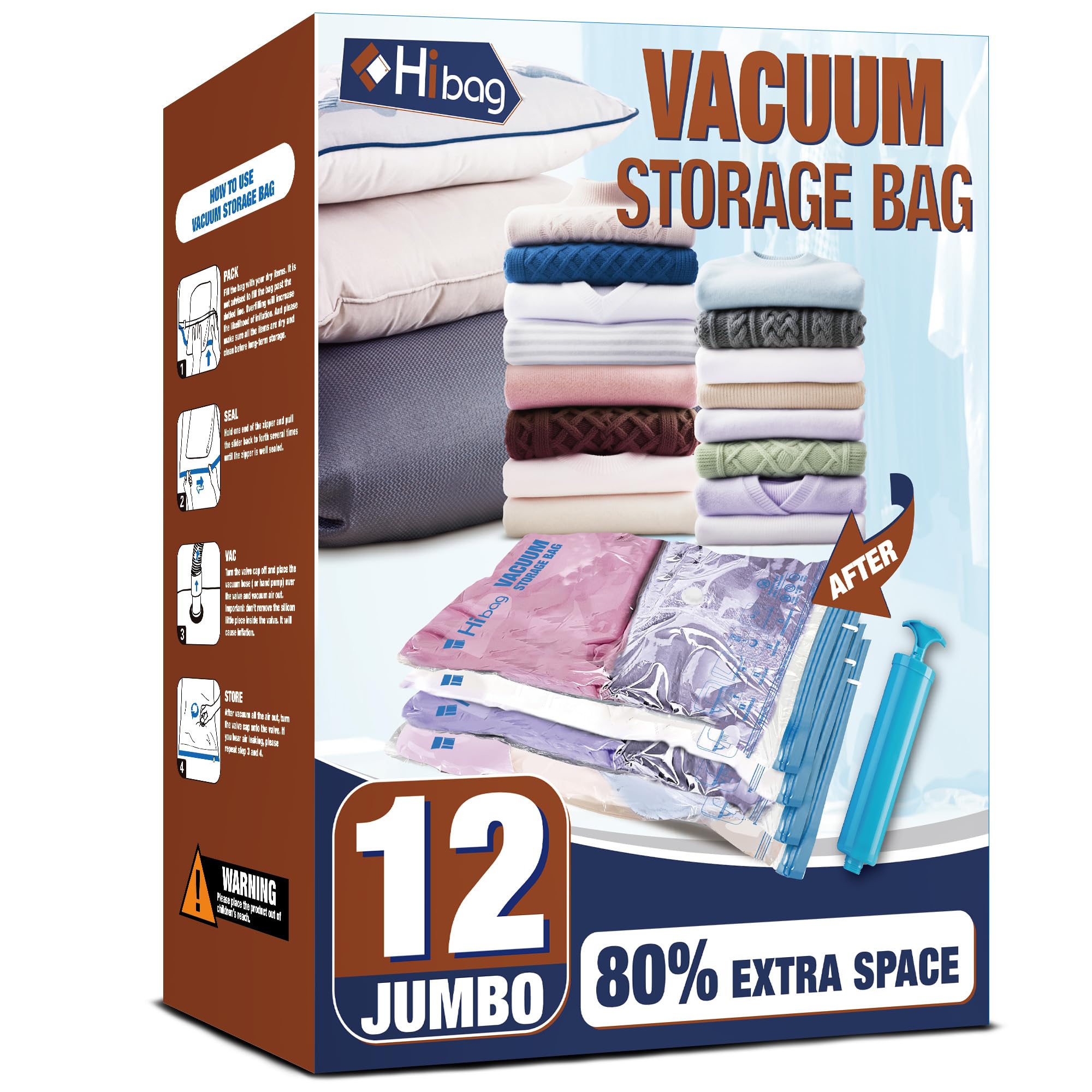12 Jumbo Vacuum Storage Bags for Bedding, Vacuum Seal Bags for Clothing | Extra 