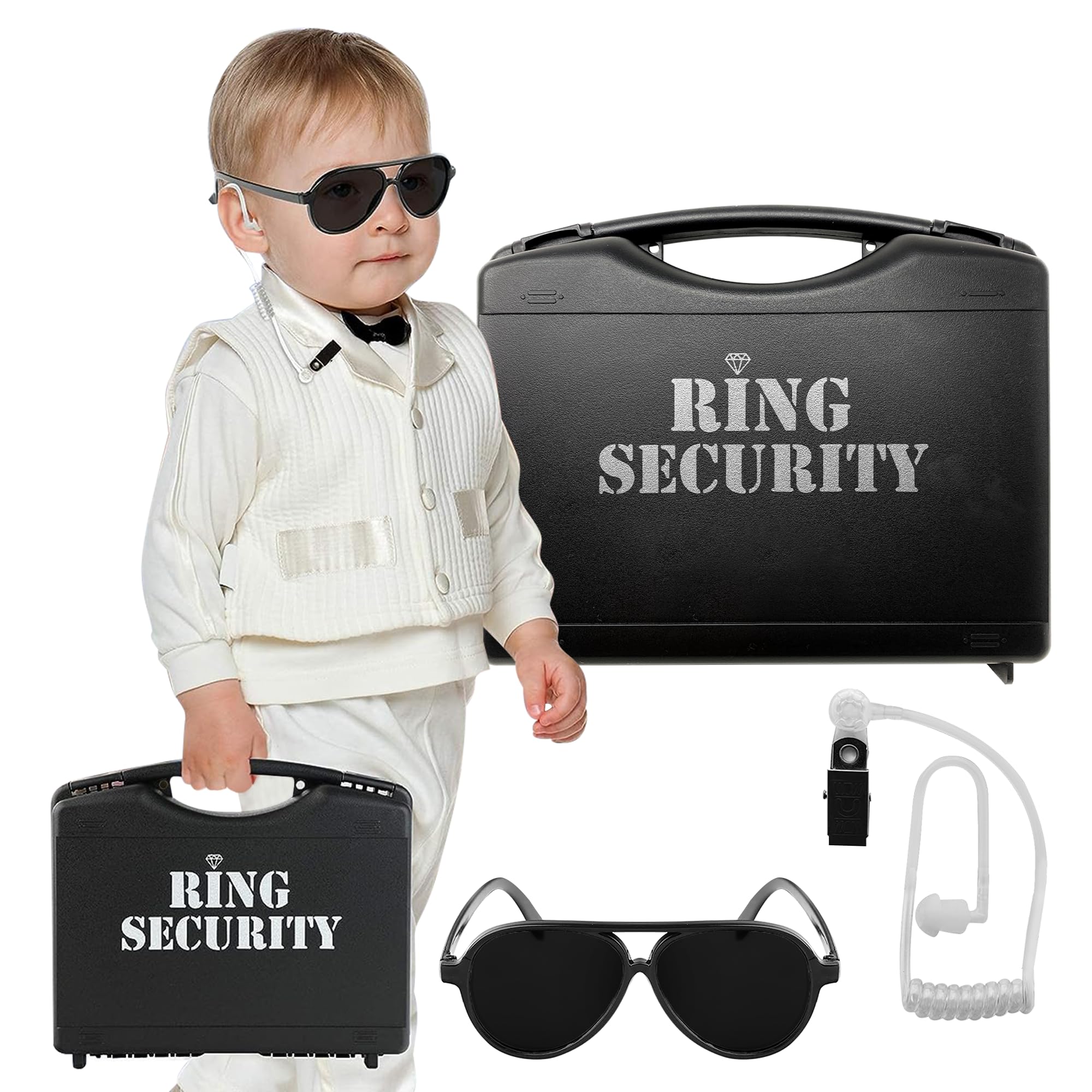 Wedding Ring Security Box with Black Sun Glasses and Top Secret Spy Ear Piece Ri