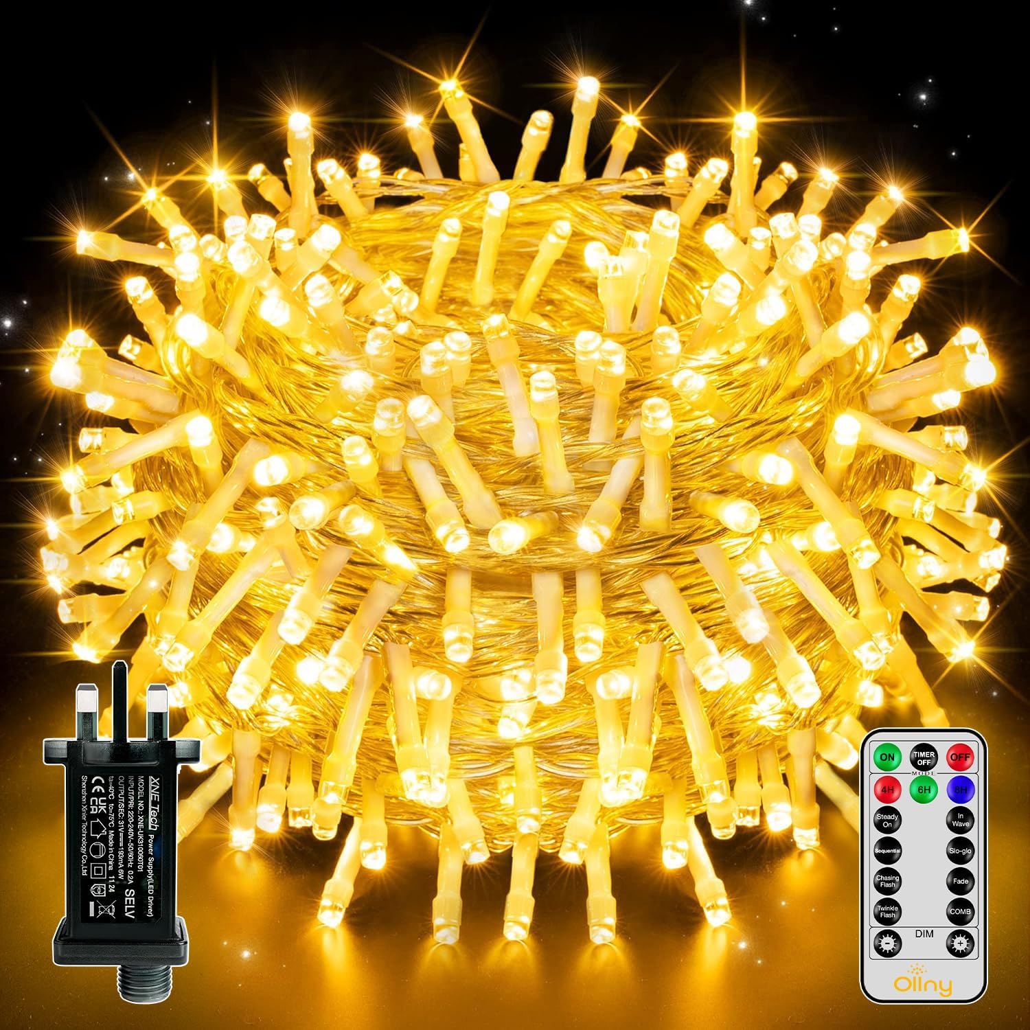Ollny Fairy Lights Mains Powered 20m 200 LED Outdoor String Plug Remote | Waterp