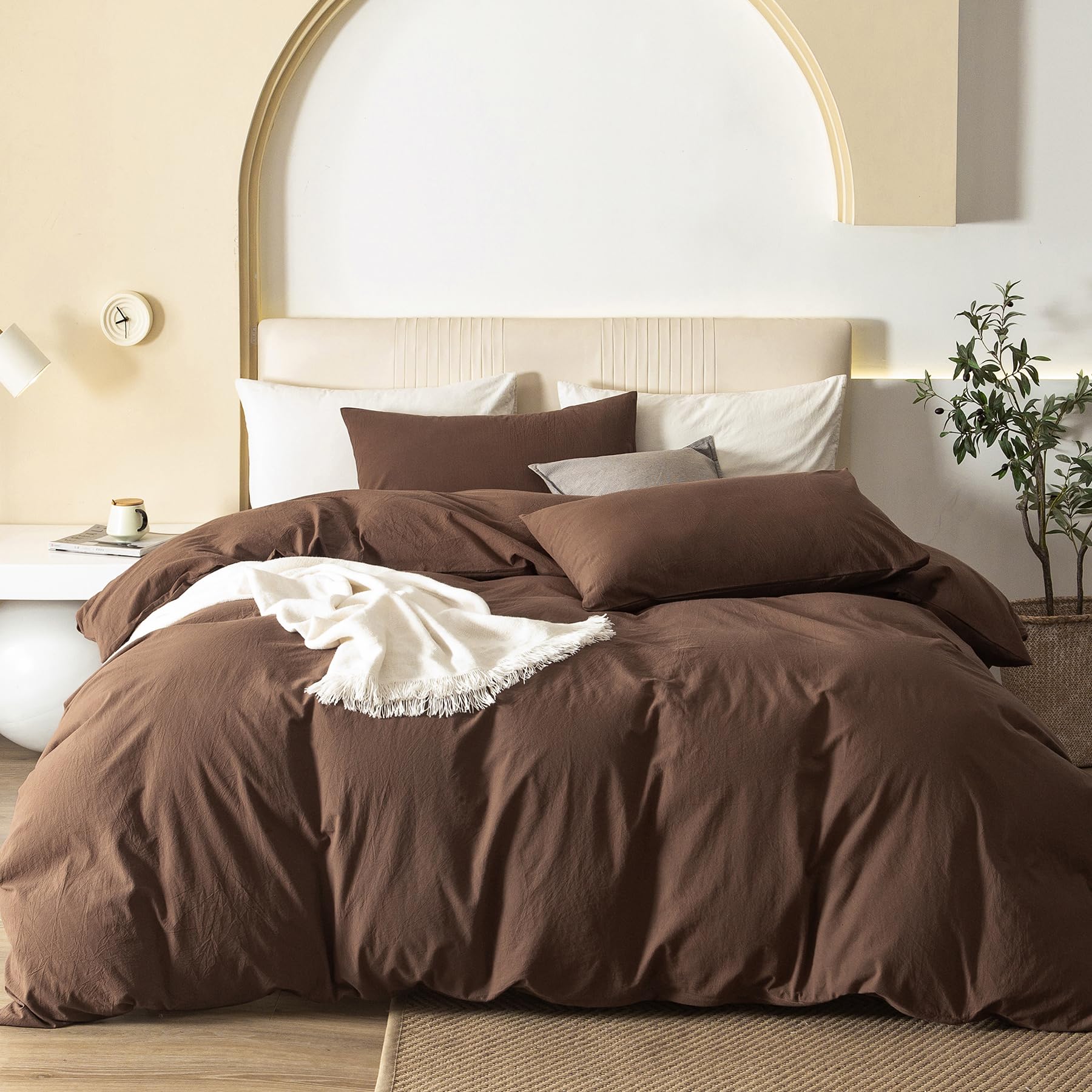 JIYUAN Queen Washed Cotton Duvet Cover Set, 3-Piece, Relaxed Linen Feel | Includ