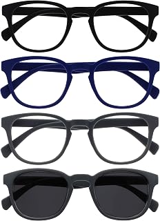 OPULIZE Pop 4 Pack Reading Glasses with Sun Reader Retro Smooth Round Matte Black Blue Grey Men Women RRRS2-1377 +2.50