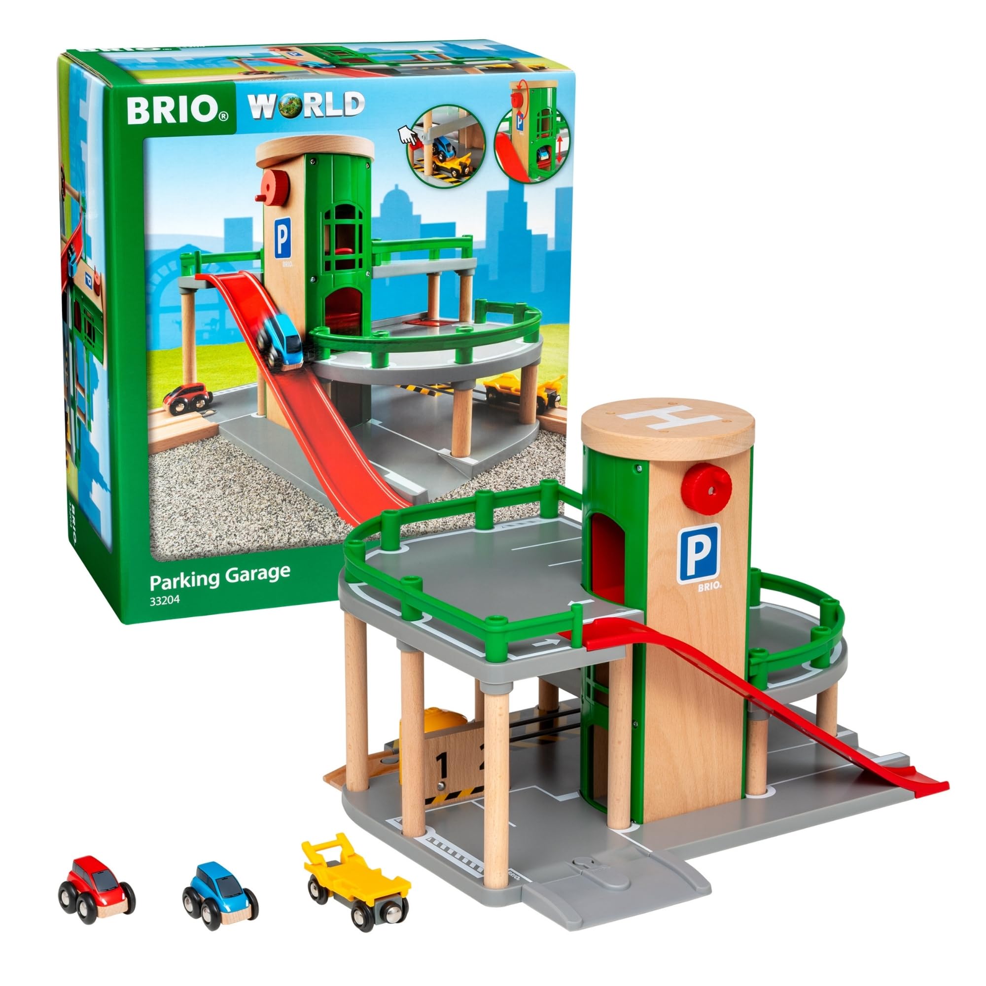 BRIO World Parking Garage - 7-Piece Wooden Toy Garage with 2 Cars, 1 Transporter
