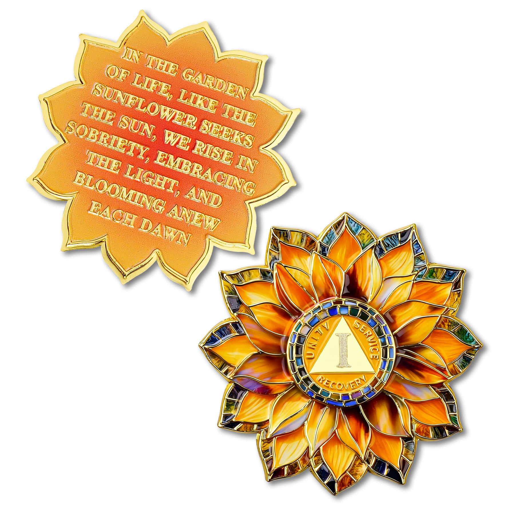 Sunflower 1 Year Sobriety Coin - Colorful Glass Broken and Rebuilt AA Coins | On