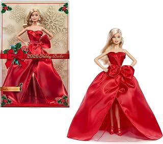 Barbie Signature 2026 Collectible Holiday Doll and Doll Stand | Blonde Hair Fashion Doll, Wearing Red Gown with Bow in Displayable Packaging, Ages 6+
