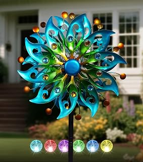 VUFOZ Solar Wind Spinners Outdoor, Yard Decorations Outdoor, Peacock Decor | Hand-Crafted Art,Weather-Resistant,Heavy-Duty,Whisper-Quiet Dual-Bearing,Auto-Glow Solar Crackle Ball,Stable 5-Prong Stake
