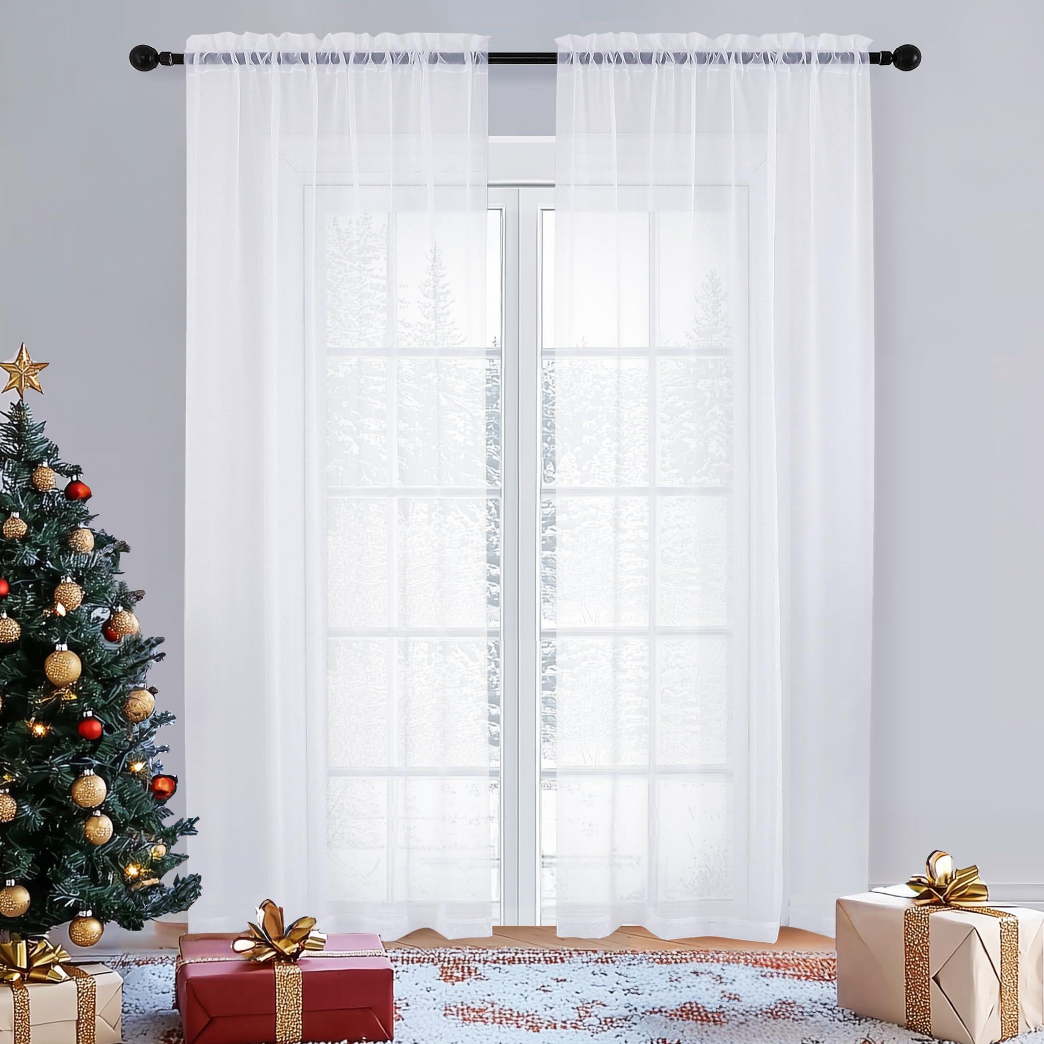 OVZME Sheer Curtains 84 inches Long 2 Panels Set, Living Room/Bedroom, Rod Pocke
