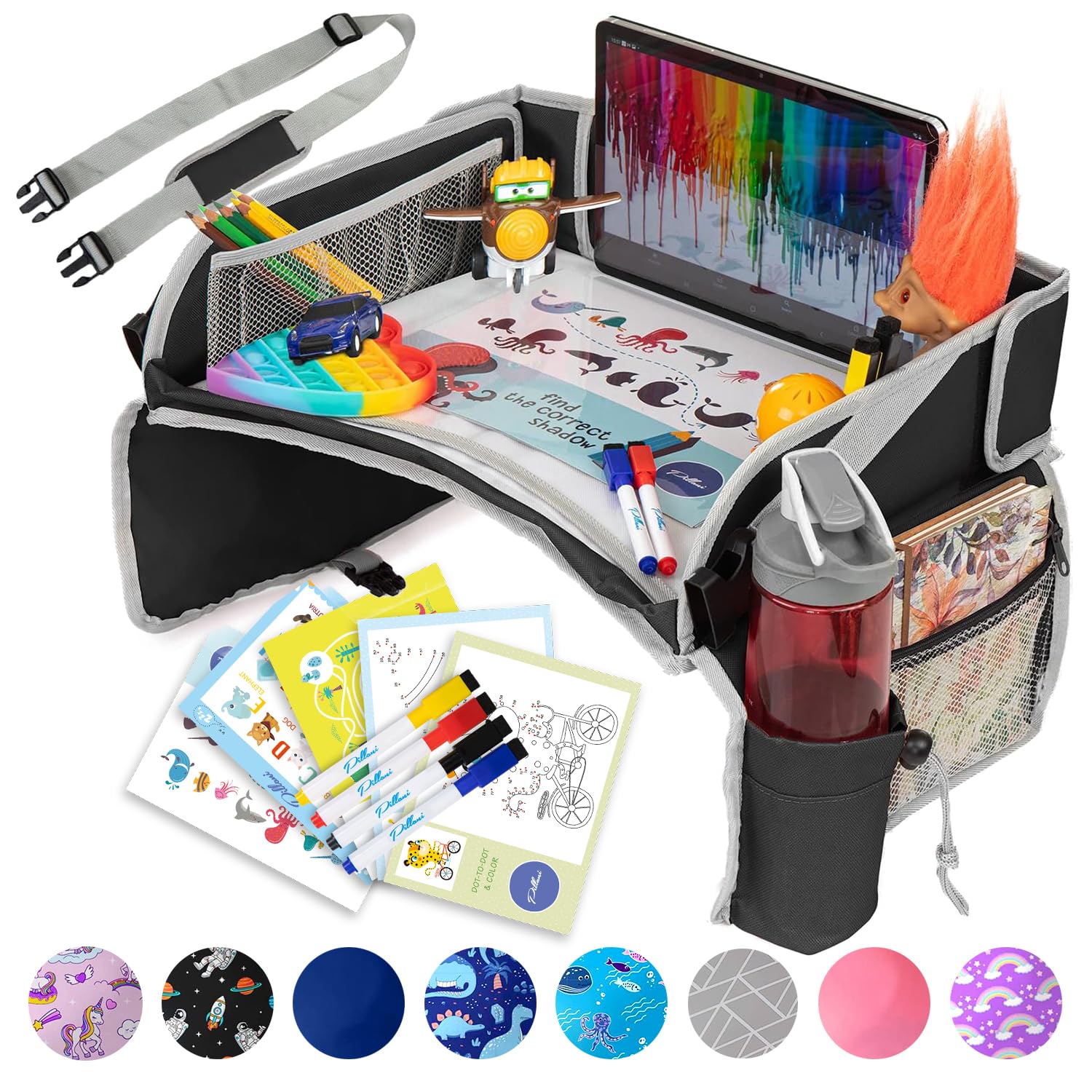 PILLANI Kids Travel Tray for Car - Car Seat Tray with Activity Sheets & Pens, Ro