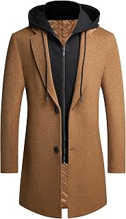 PRIJOUHE Mens Wool Trench Coat Winter Hooded Pea Coat Long Jacket Overcoat