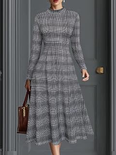 Women's elegant plaid print dress for autumn/winter, round neck, long sleeve, elegant