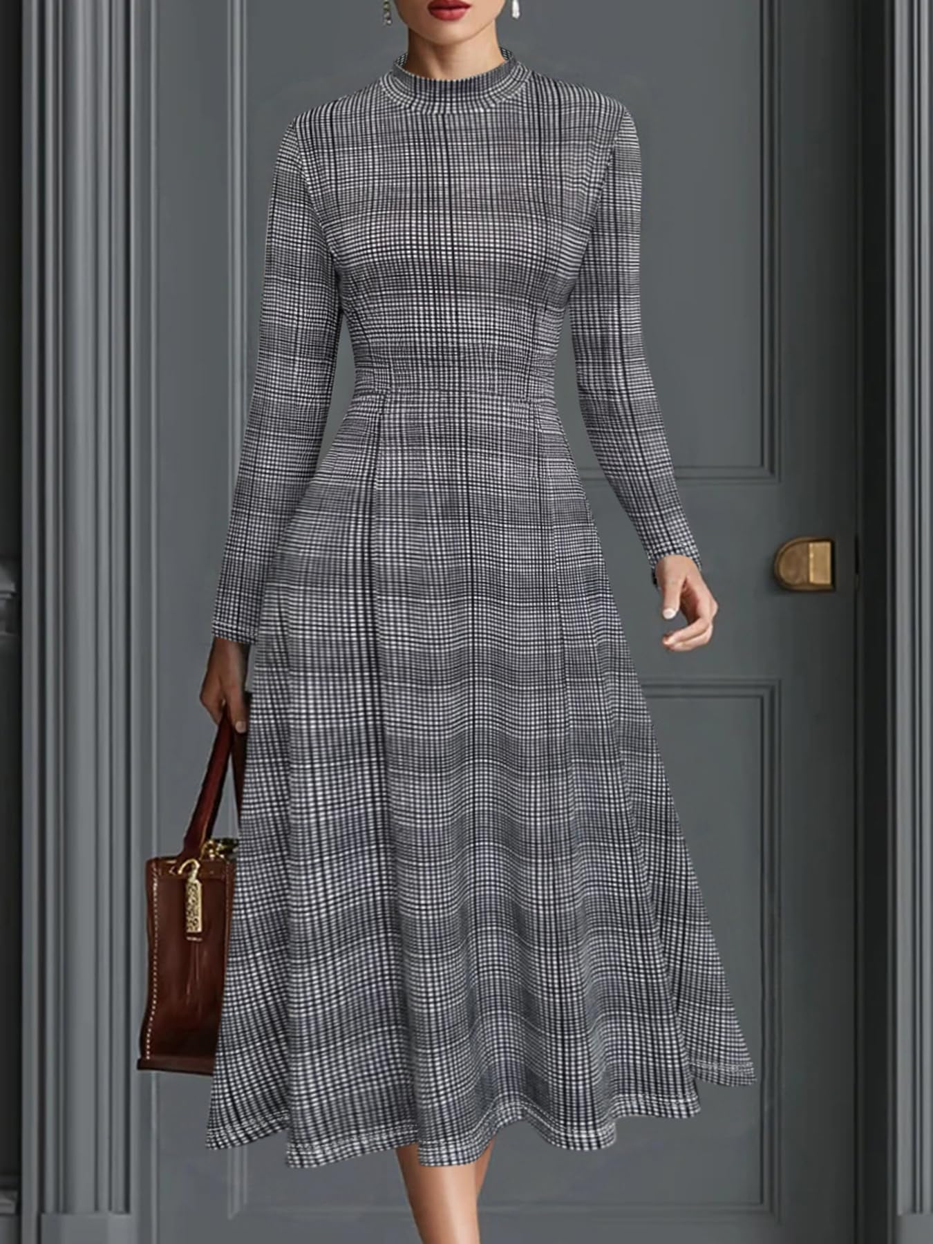 Women's elegant plaid print dress for autumn/winter, round neck, long sleeve, el
