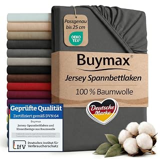 Buymax Fitted Sheet 140 x 200 cm Cotton 100% Jersey Fitted Sheet Mattress Height up to 25 cm, Colour Anthracite Oeko-Tex Standard