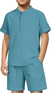 Arshiner Boys 2 Pieces Set Textured Henley Shirts & Shorts Set 4-12 Years