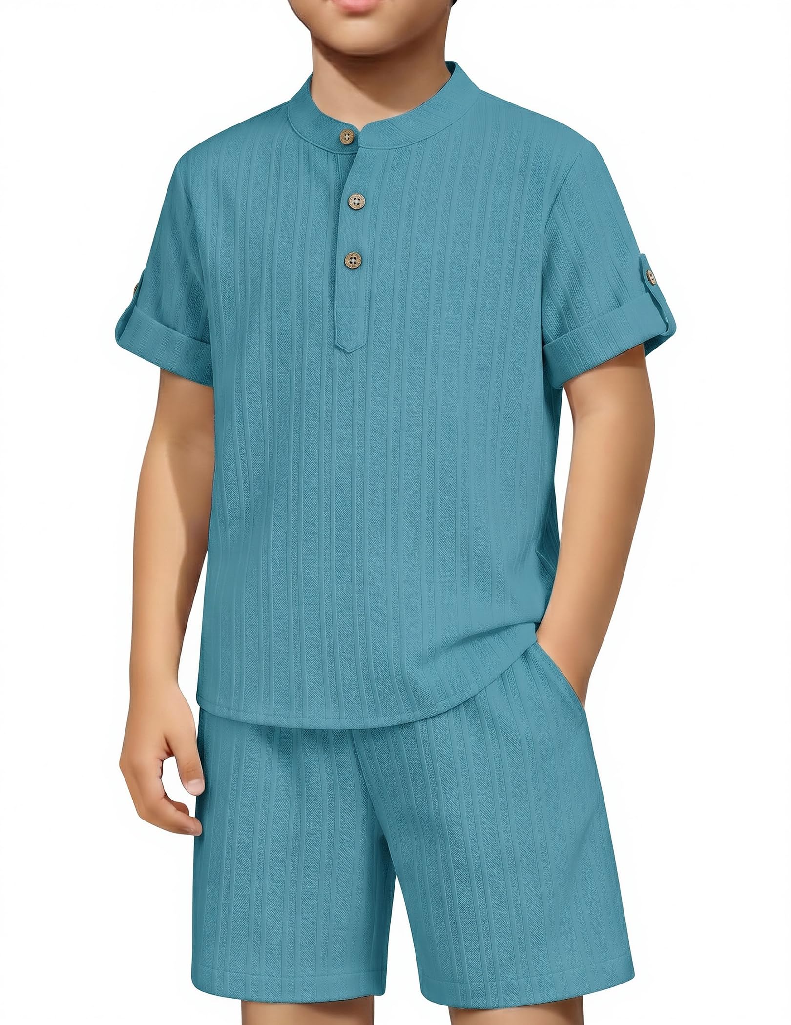 Arshiner Boys 2 Pieces Set Textured Henley Shirts & Shorts Set 4-12 Years
