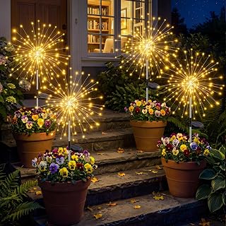 btfarm 4Pack Solar Lights Outdoor Garden,Firework Lights 8 Modes,Warm White | 120 LED Starburst Light, Pathway Decorative, Solar Powered, Waterproof, for Lawn Yard Patio Party Landscape Wedding Decor