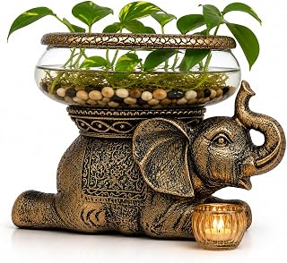 THE NIFTY NOOK Elephant Decorative Bowl with Removable Glass Vessel, Antique Gold Finish, Tabletop Plant Display, Gift Box Included