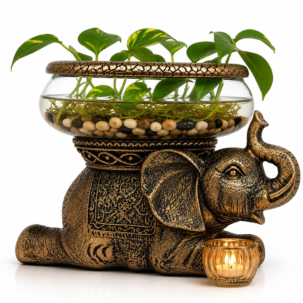 THE NIFTY NOOK Elephant Decorative Bowl with Removable Glass Vessel, Antique Gol