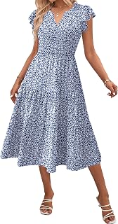 Zeagoo Women Summer Dress Casual Dress Ruffle Sleeve V Neck Midi Dress Flowy Tiered Dress with Pockets Boho Sun Dresses
