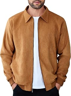 COOFANDY Chaqueta bomber casual de ante para hombre, ligera, con cremallera completa, chaqueta vintage de piel sintética