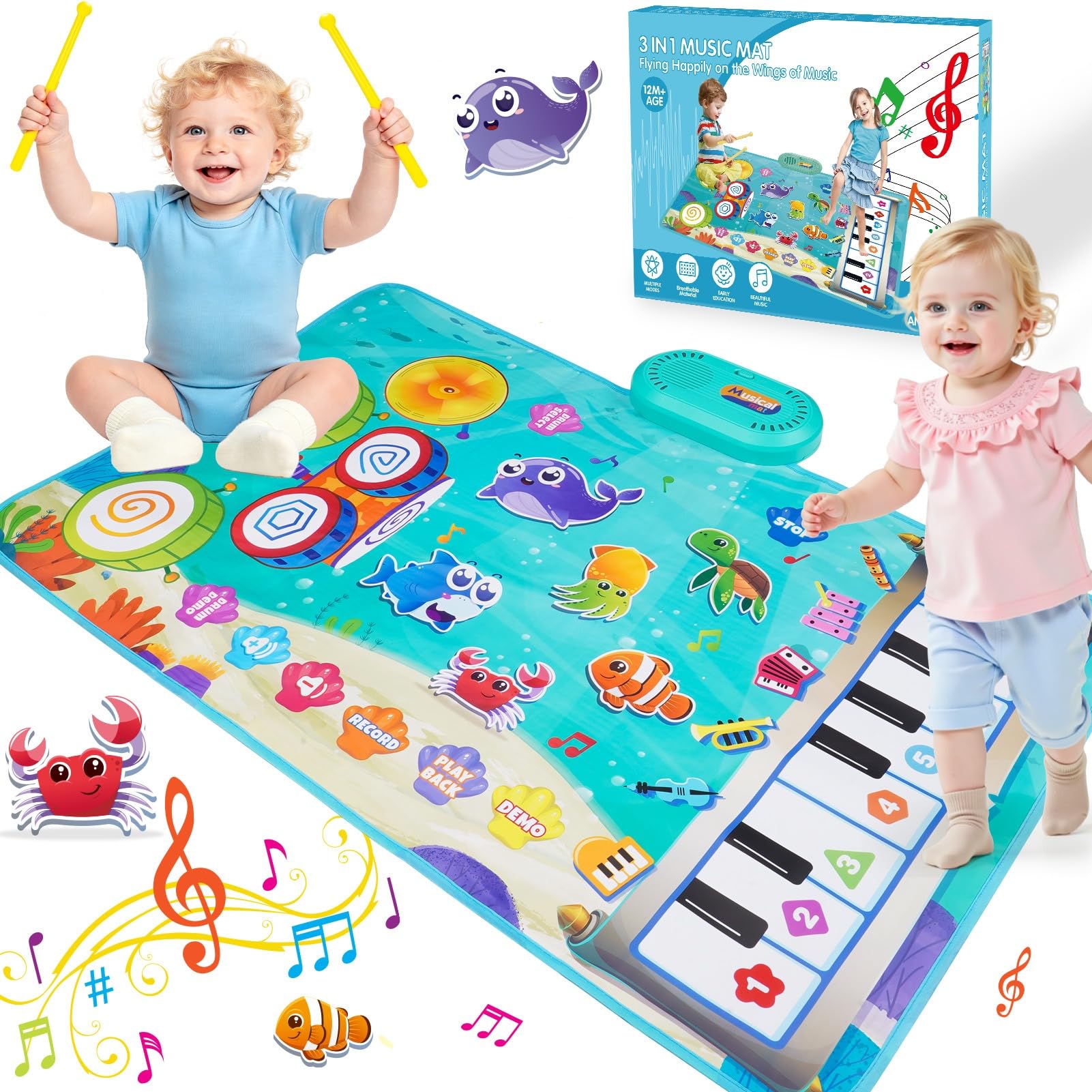 Gralal Musical Toys for 1-2 Year Old Boys, 3 in 1 Animal Piano Drum Percussion M