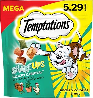 Temptations ShakeUps Crunchy Cat Treats, Clucky Carnival, 5.29 oz | Chicken, turkey & catnip flavors, 100% complete & balanced for adult cats, under 2 calories per treat, resealable pouch