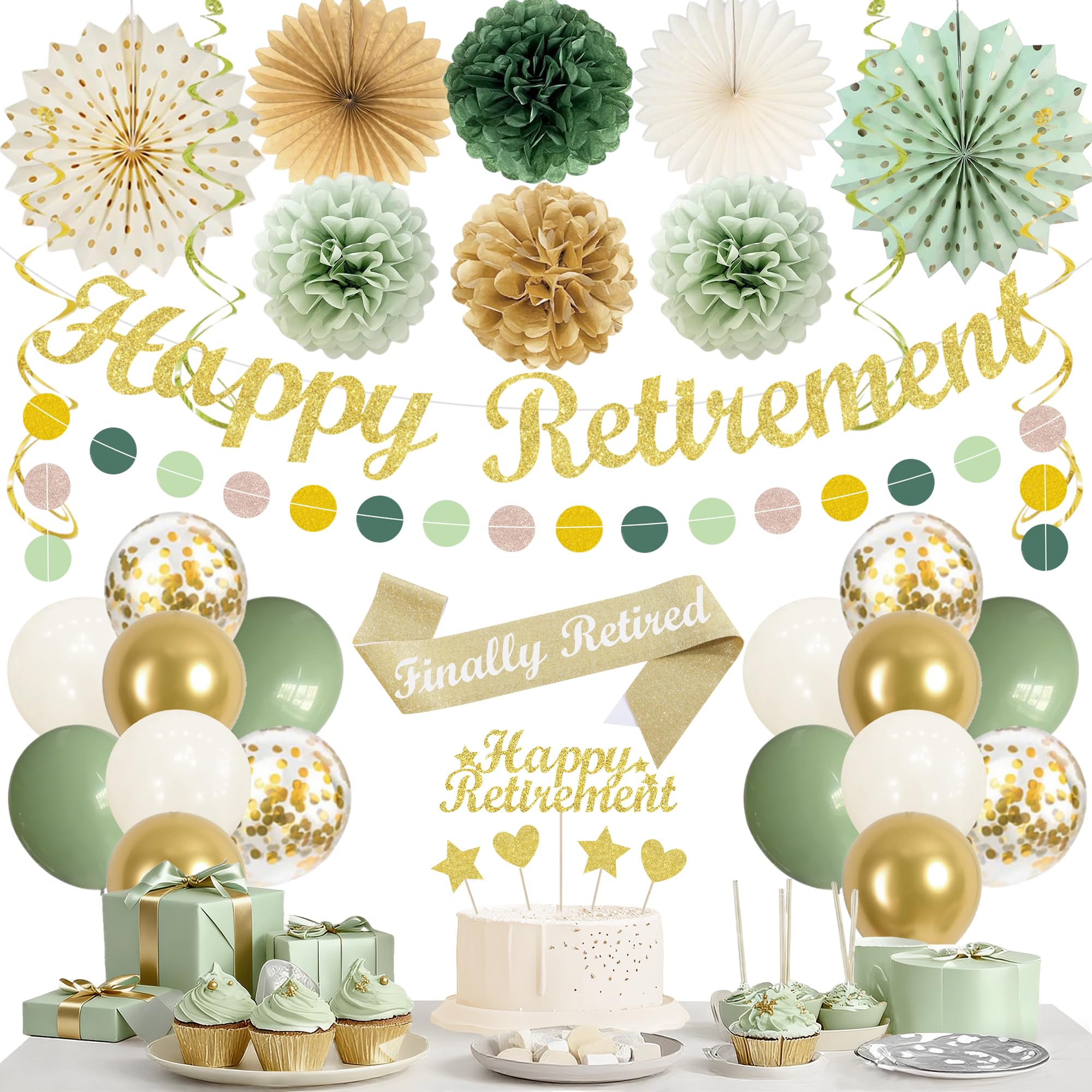 Retirement Decorations for Women Men with Sash(Green Gold)