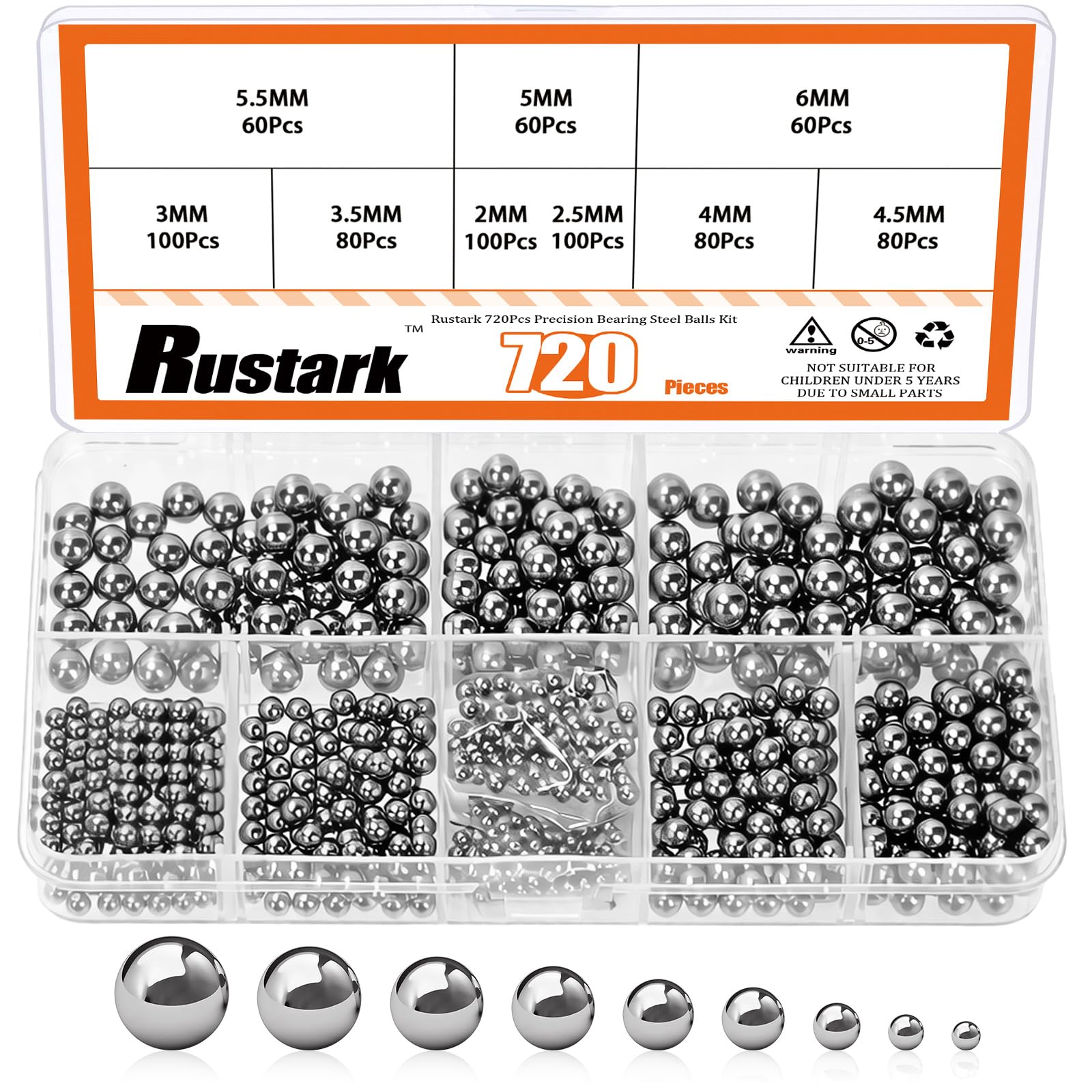 Rustark 720Pcs 9 Sizes Bearing Steel Bicycle Bearing Balls Assortment Kit Metric