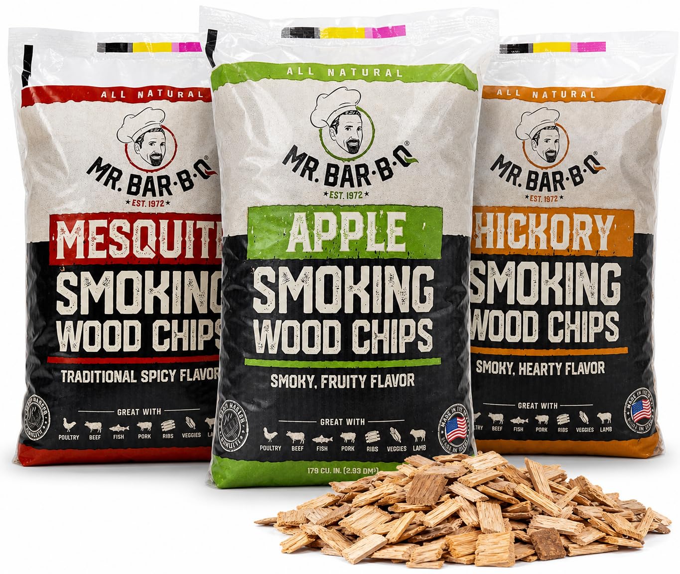 Mr. Bar-B-Q Wood Chips for Smoker, 3-Flavor Pack, USA Made, 3 x 1.8 Lb Bags | Ap