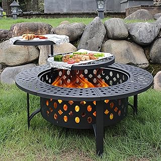 OutVue 42 Inch Fire Pit with 2 Grills, Lid, Poker | Large Wood Burning Fire Pits for Outside,Heavy Duty Fire Pit, BBQ& Outdoor Firepit & Round Metal Table 3 in 1 for Patio