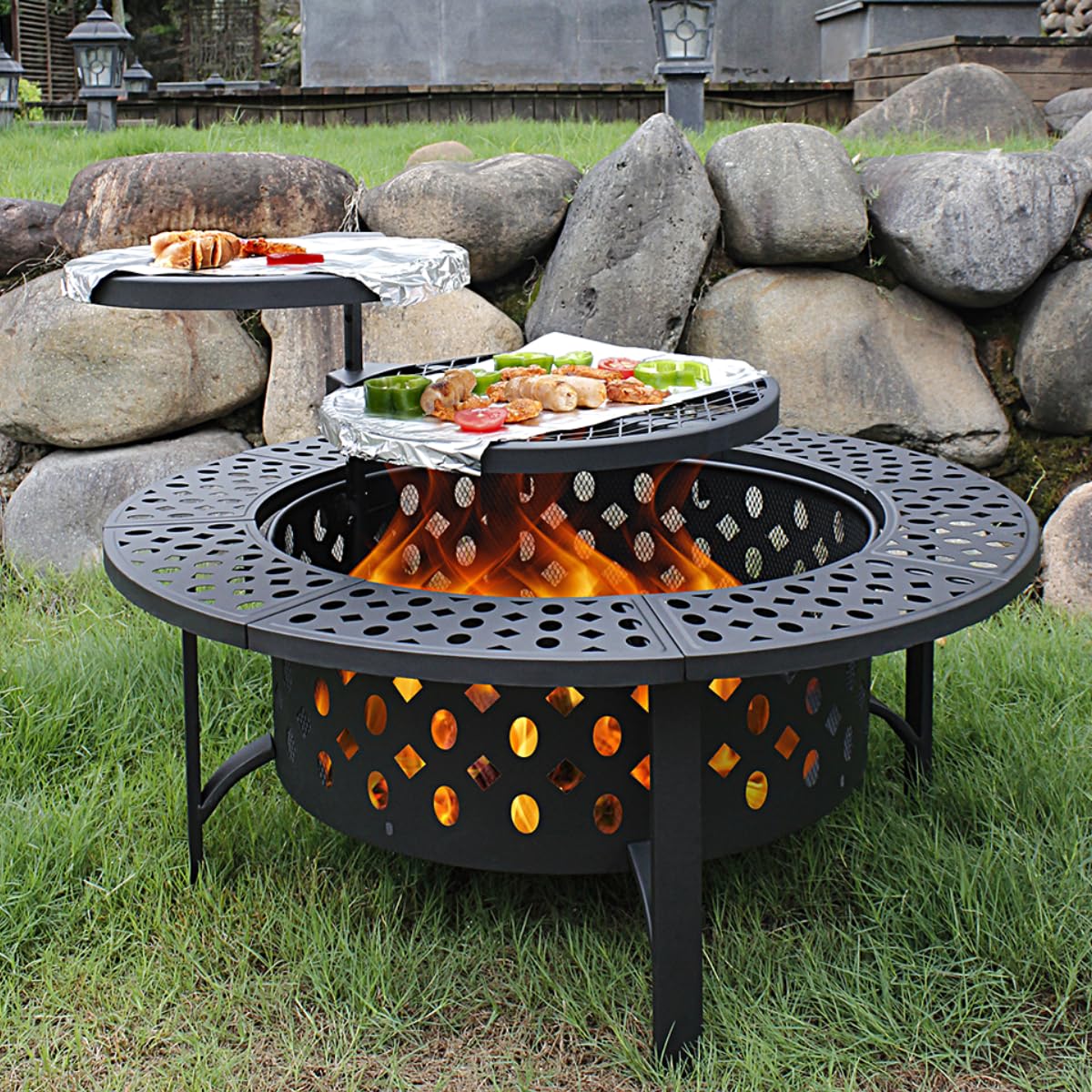 OutVue 42 Inch Fire Pit with 2 Grills, Lid, Poker | Large Wood Burning Fire Pits