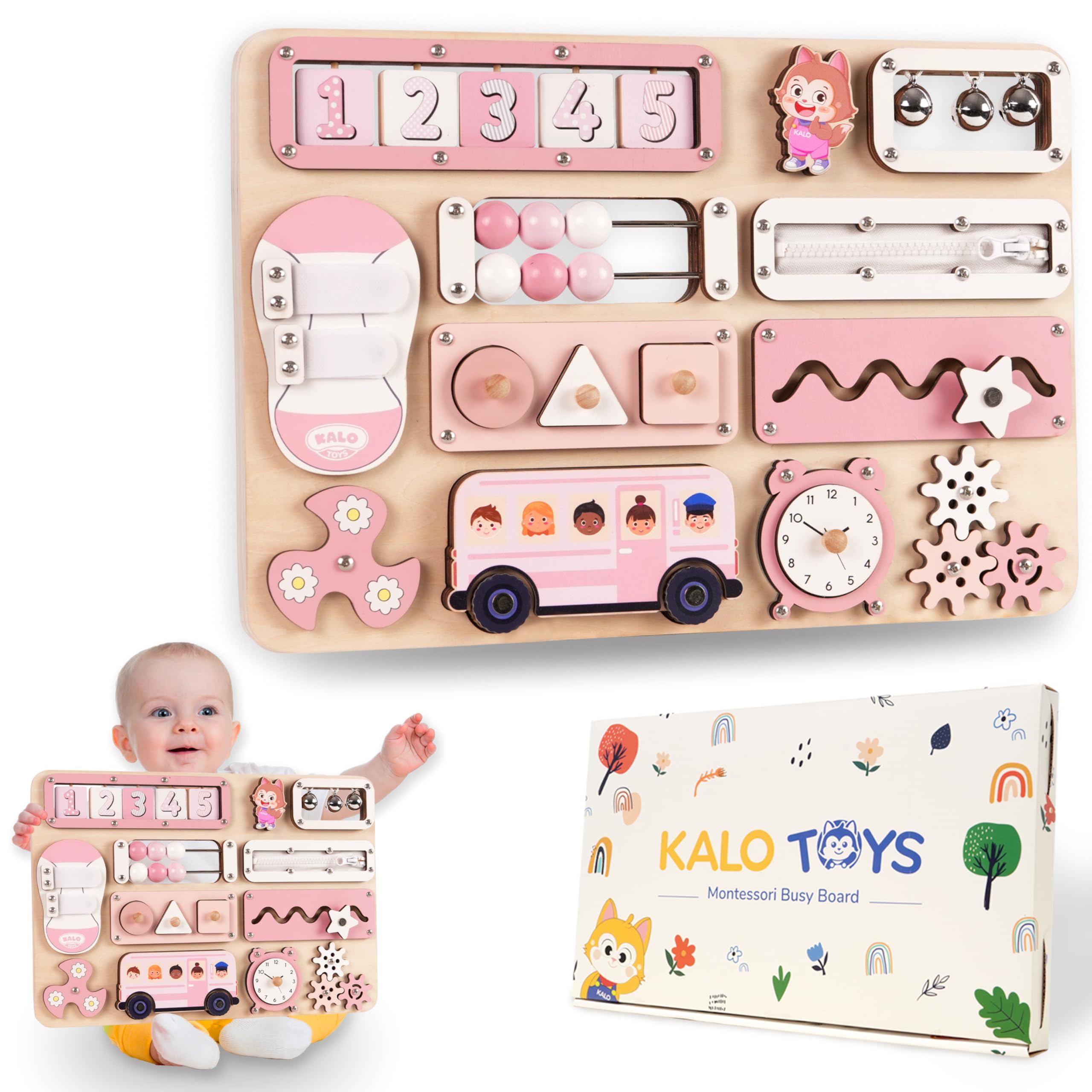 KALOTOYS Large Montessori Busy Board for Baby & Toddlers 1-3 — 17-Inch Wooden Se