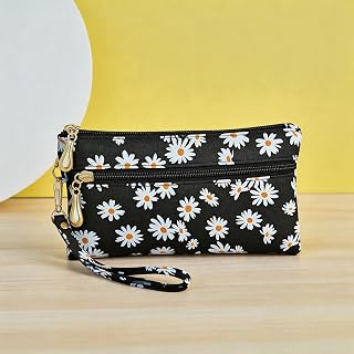 Women's Wristlet Wallet, Printed PU Leather Ladies Clutch Wallet, Removable Wrist Strap, Multi Compartment Purse