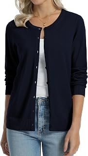 QUALFORT Women's Cardigan 100% Cotton Lightweight Long Sleeve Knitted Button Down Sweater