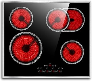 24 Inch Electric Cooktop 4 Burners, Pladeca 6600W Electric Radiant Stove | Metal Protective Frame, Built-in Design, Child Lock, Timer, Pause, Extended Zone, 220-240V HardWire, No Plug