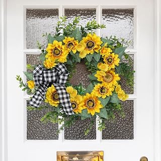 18" Spring Summer Sunflower Wreath for Front Door, Floral Wreath with Large Plaid Bow and Eucalyptus Leaves, Indoor Outdoor Wall Decor for Home, Farmhouse, Wedding, Festival