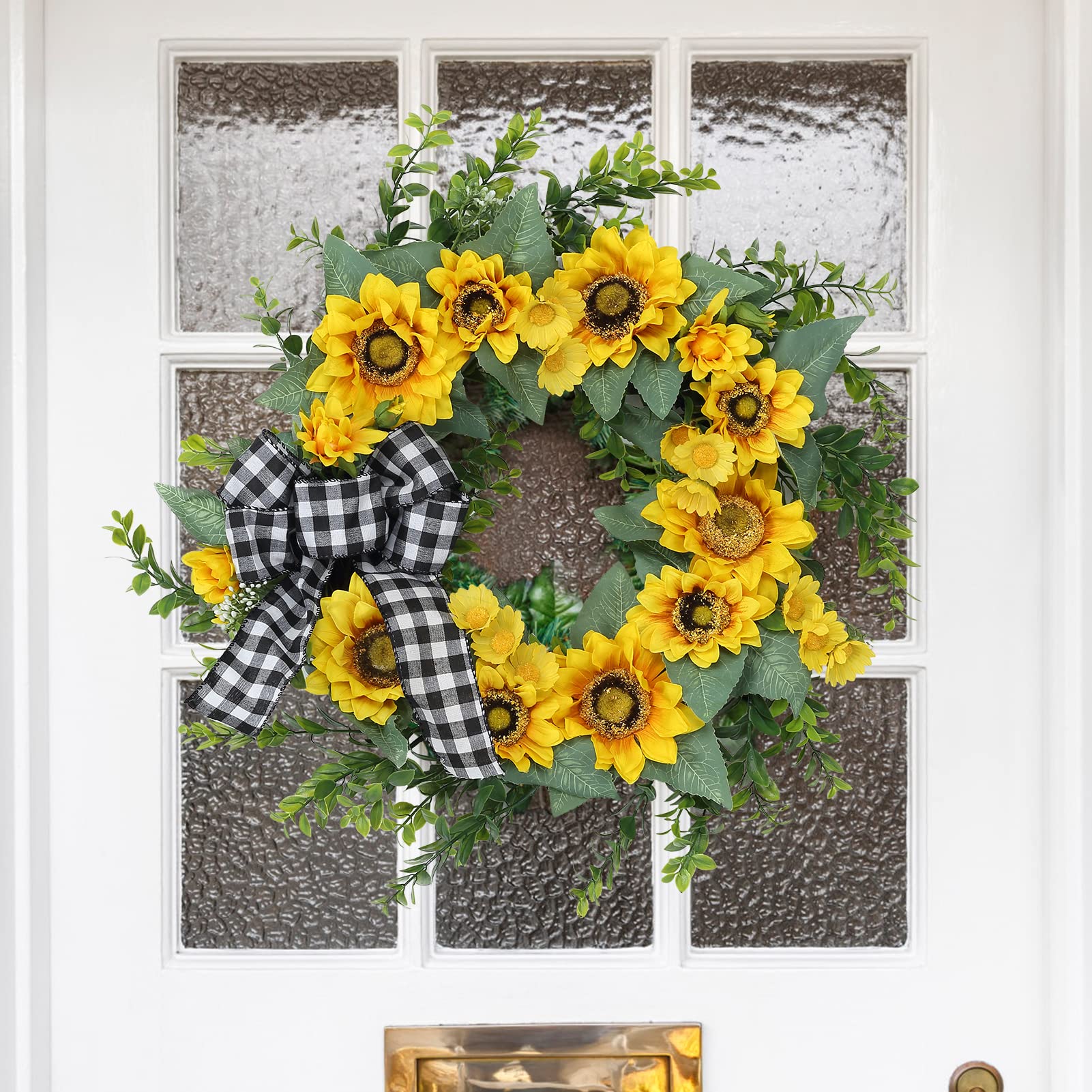 18" Spring Summer Sunflower Wreath for Front Door, Floral Wreath with Large Plai