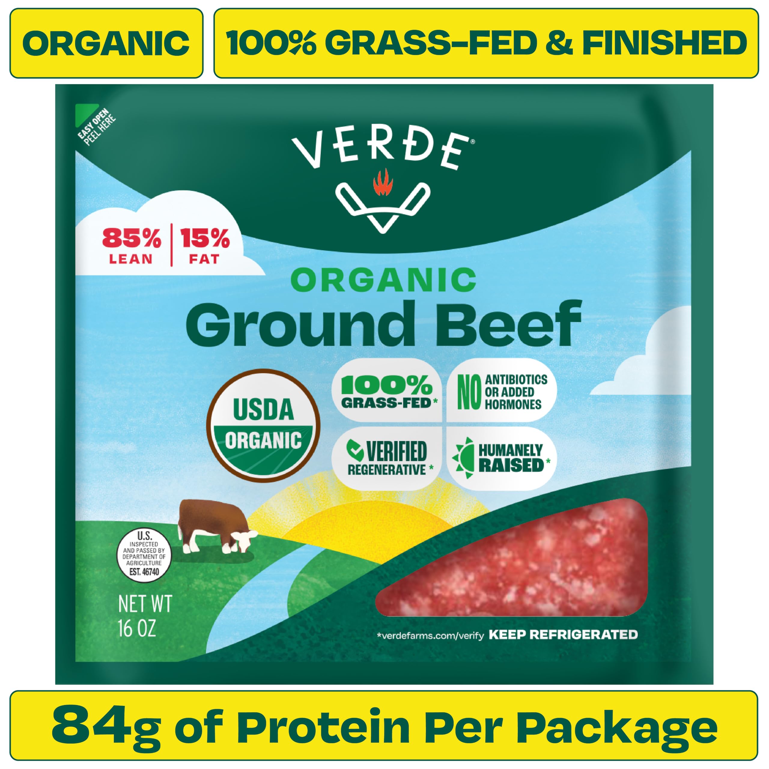 Verde Farms, Ground Beef 85% Lean/15% Fat, Organic, Grass-Fed, 1 lb