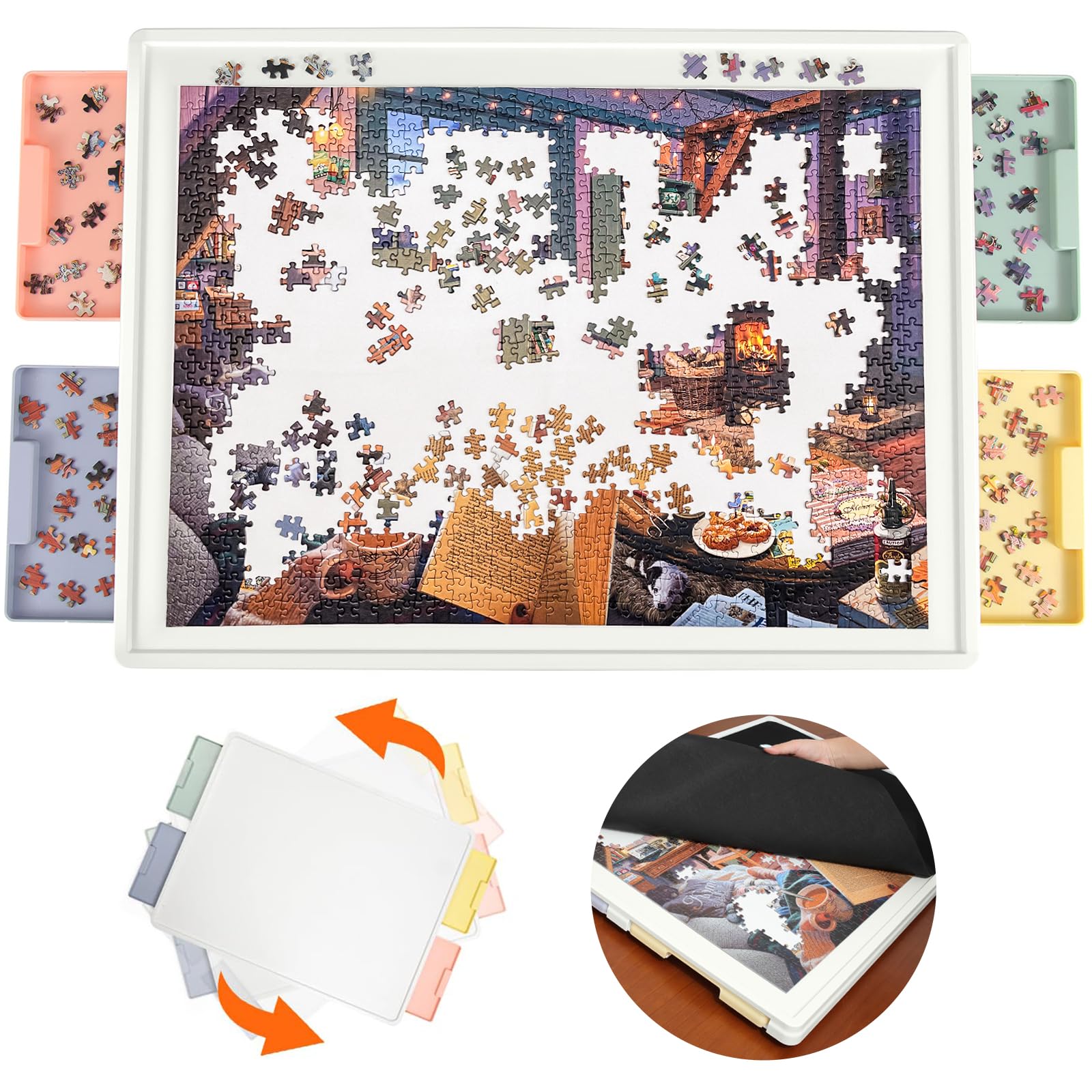Playboda 1000 Pieces Rotating Puzzle Board with Drawers and Cover, 30"x22" Porta