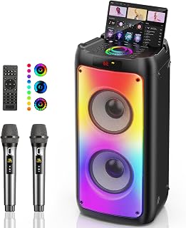 JYX Karaoke Machine with 2 Wireless Microphones | Portable Bluetooth 5.3 Speaker with TWS, PA System, Subwoofer, Disco Lights | Support SD Card, USB, AUX, REC, EQ, Remote | for Home/Gathering/Party